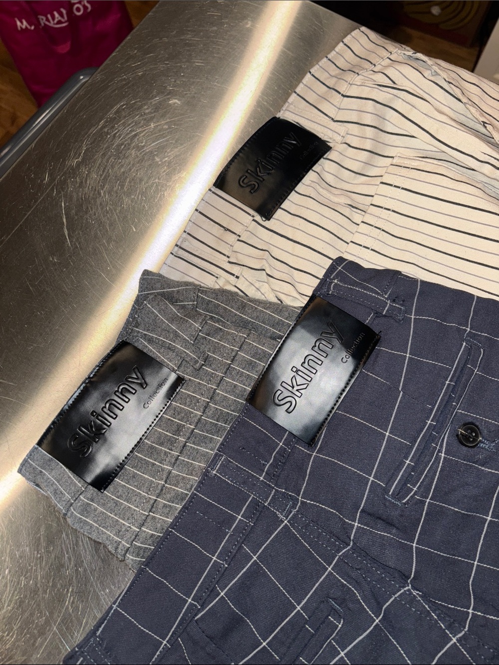 Skinny Fit Men's Navy, Gray & Cream Windowpane and Pinstripe Dress Pants Trio - Picture 4 of 4